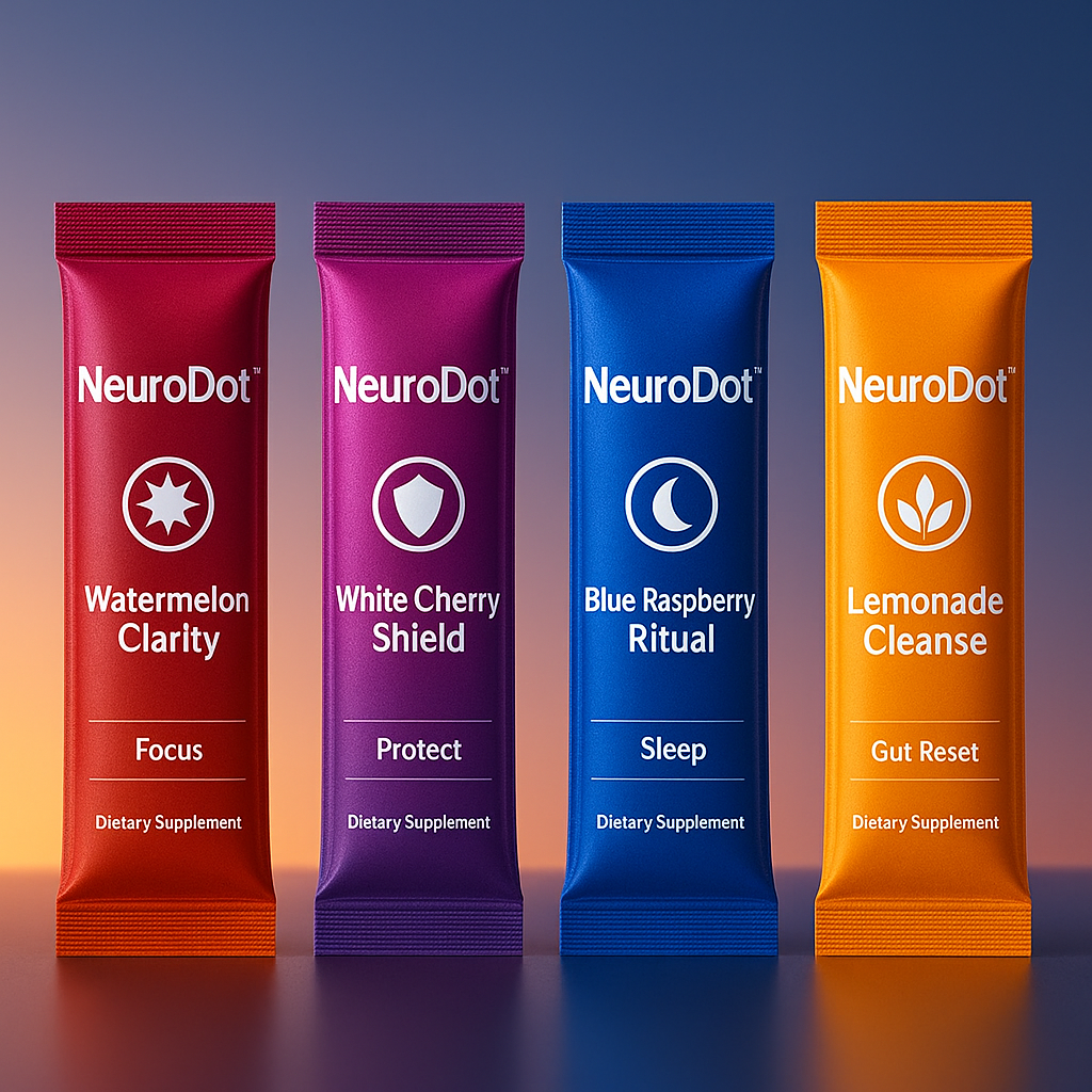 NeuroDot Product Line - Watermelon Clarity, White Cherry Shield, Blue Raspberry Ritual, and Lemonade Cleanse